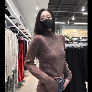 Calvin Klein CK女士高领亮丝修身弹力羊毛混纺打底衫针织衫CW397