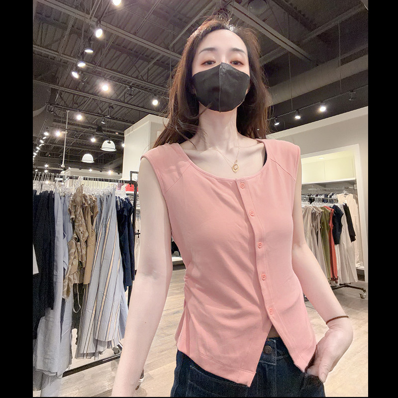 BANANA REPUBLIC女士新款时尚圆领纽扣修身弹力显瘦无袖T恤BW15