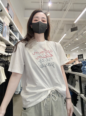 CK Calvin Klein女士时尚圆领纯棉舒适刺绣打底短袖T恤CW741