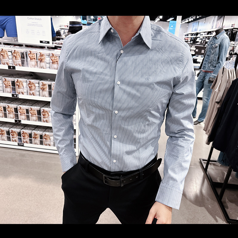 CalvinKlein小格纹长袖衬衫翻领