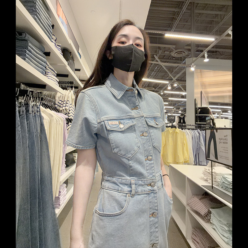 Calvin Klein CK女士新款收腰口袋水洗做旧牛仔短袖连衣裙CW675