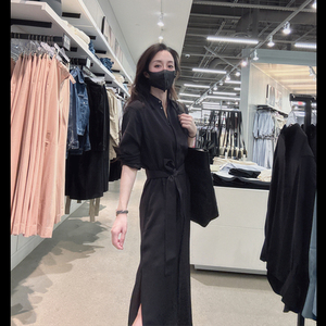 Calvin Klein/CK女士女裙长袖衬衫裙连衣裙收腰系带中长款CW64