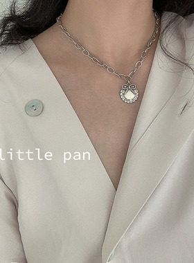 韩国ins蝴蝶结圆牌925纯银项链女