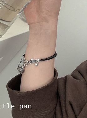 女925纯银韩国复古翅膀圆牌手链