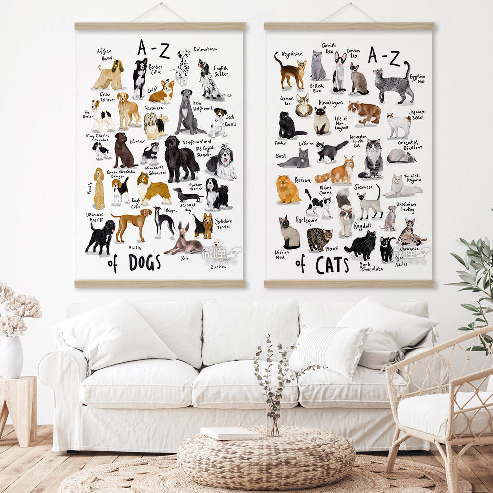 猫的种类装饰画英语字母表狗的种类海报可爱猫猫狗狗学英文挂画
