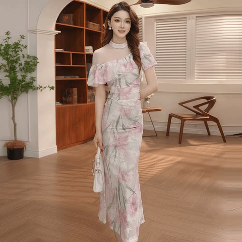 22087女人味法式中长裙新款法式气质优雅修身显瘦碎花鱼尾连衣裙
