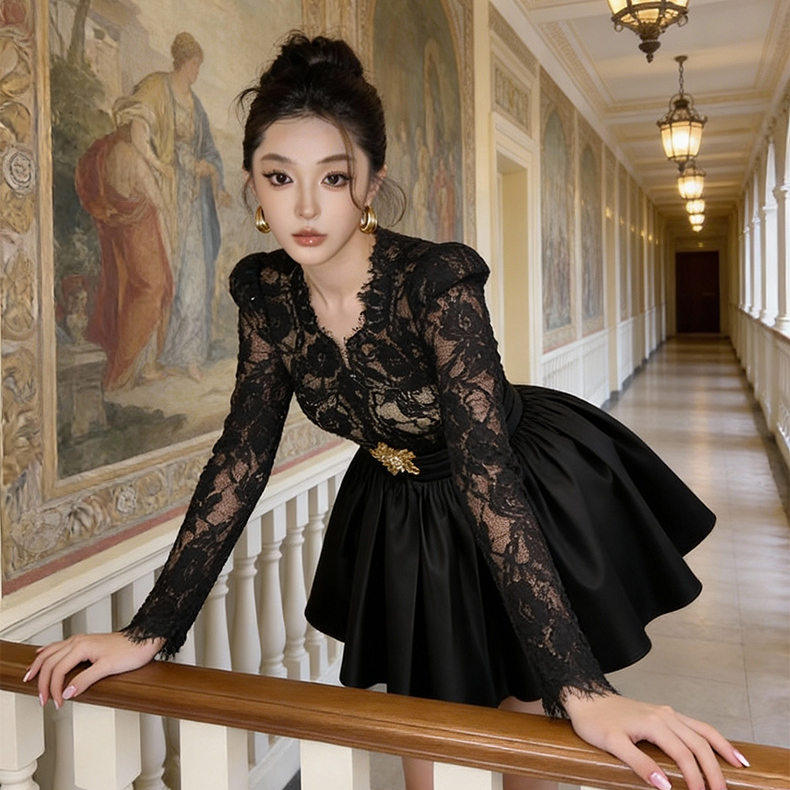 21929 名媛气质不规则V领蕾丝拼接收腰长袖连衣裙黑色a字蓬蓬裙女,女装/女士精品,礼服/晚装,淘宝优惠券,粉丝福利购,淘宝优惠卷