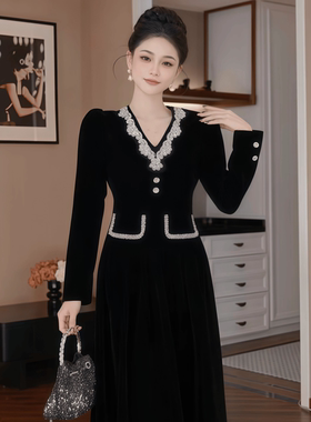 61355 气质礼服裙千金风亮钻丝绒连衣裙女高级感