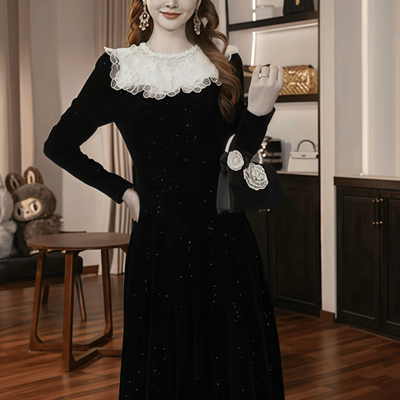 法式赫本风黑色长袖连衣裙