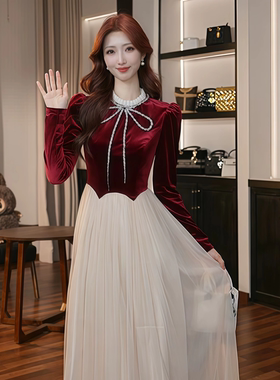 15629 新年设计师新款拼接丝绒百褶中长裙蝴蝶结连衣裙战袍轻奢
