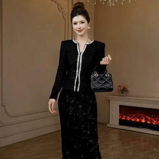 22035 今年流行高级感绝美修身显瘦连衣裙御姐黑色气质长袖包臀裙
