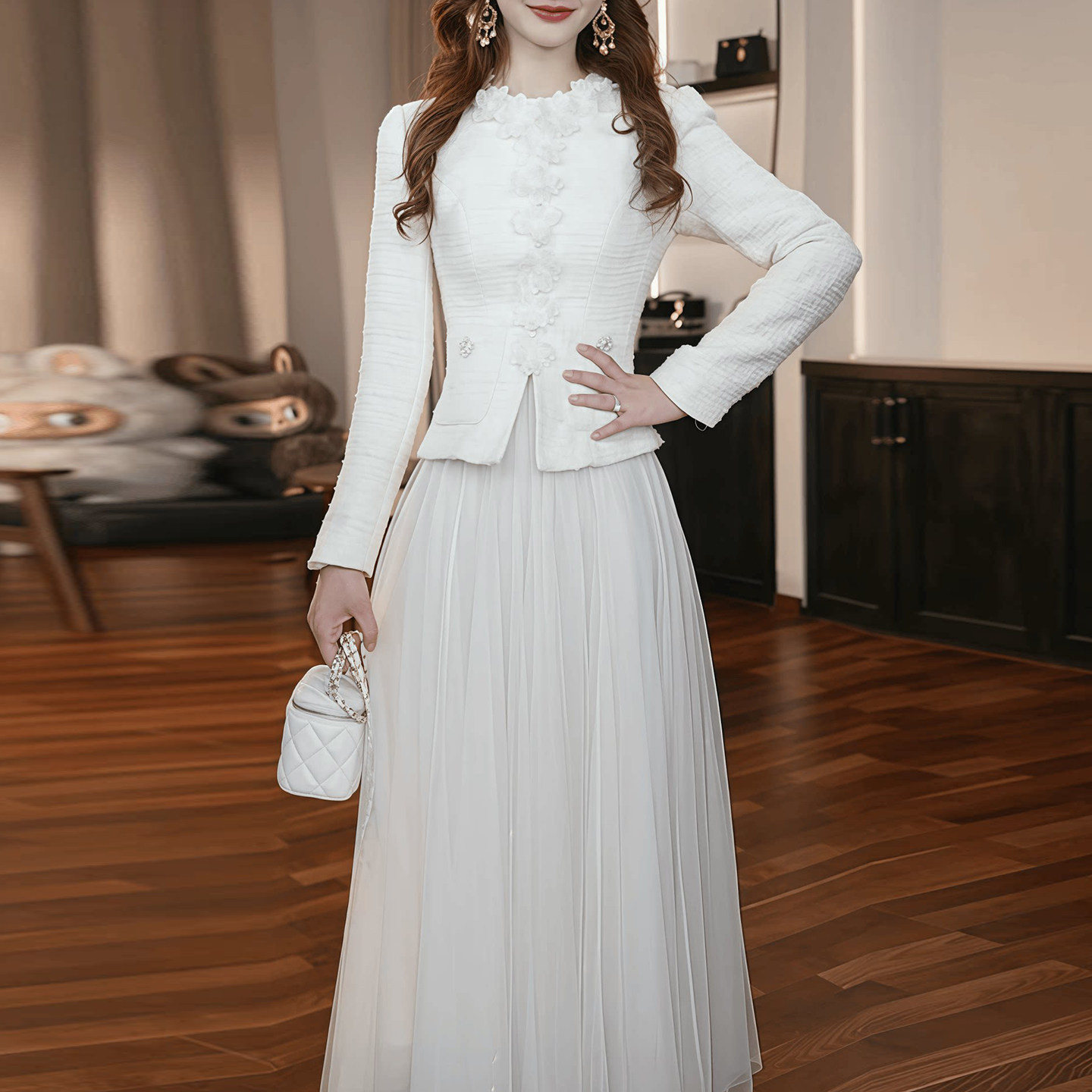 小香风名媛网纱假两件显瘦礼服裙