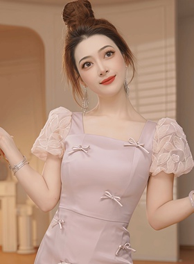 15672 甜美刺绣小个子方领连衣裙新款方领短袖蝴蝶结修身荷叶边裙