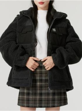 MLB2025新款男女冬季情侣款保暖抓绒拼接连帽卫衣外套3AFDB0146