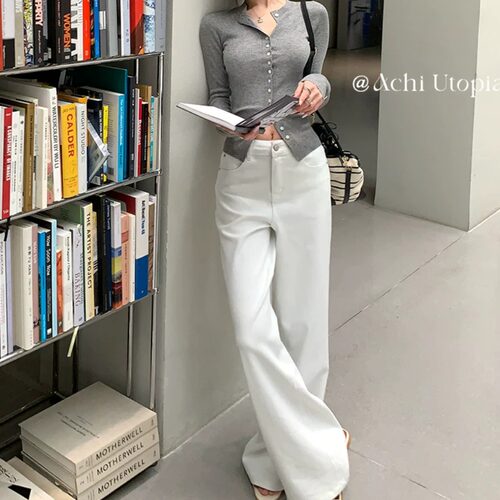 ACHI大也池莱赛尔白色直筒牛仔裤女宽松老钱长裤透气百搭阔腿裤子