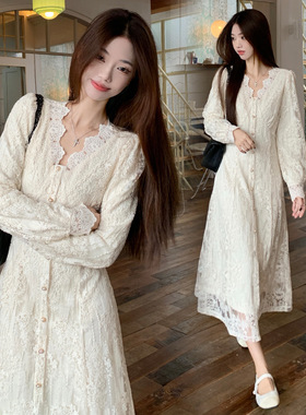 xfj11186法式温柔风蕾丝连衣裙女2025秋季小个子显瘦打底长裙子