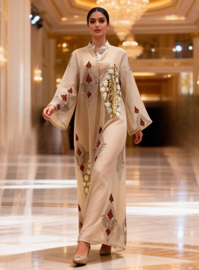 女士长袍珠片绣花连衣裙Abaya宽松轻奢传统服饰