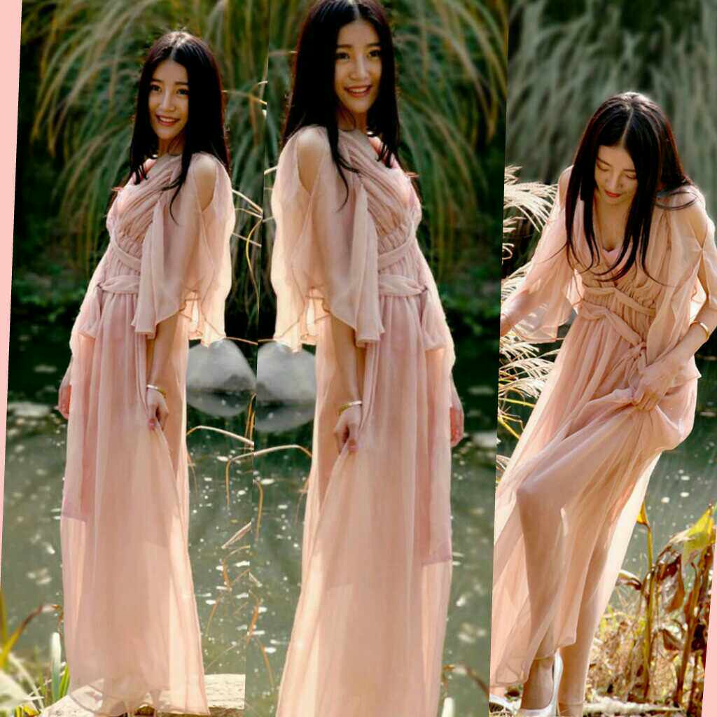 女神v领性感开叉飞飞袖连衣裙七分袖度假系绑带蝴蝶结缠裹式希腊