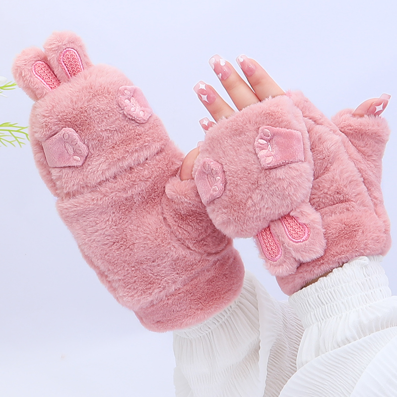 女仿兔绒半指翻盖手套加绒加厚