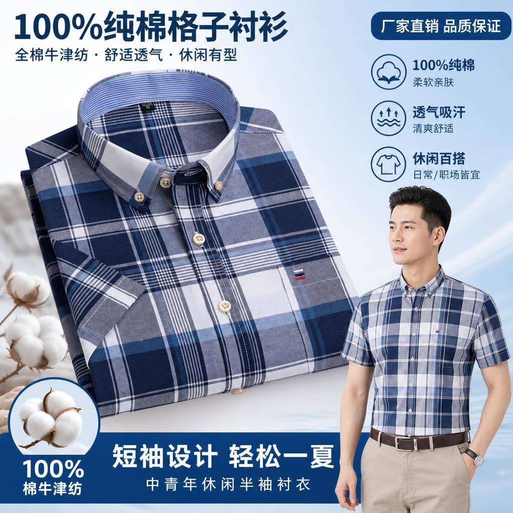 中青年男士纯棉格子短袖衬衫全棉牛津纺衬衣透气吸汗休闲日常男装