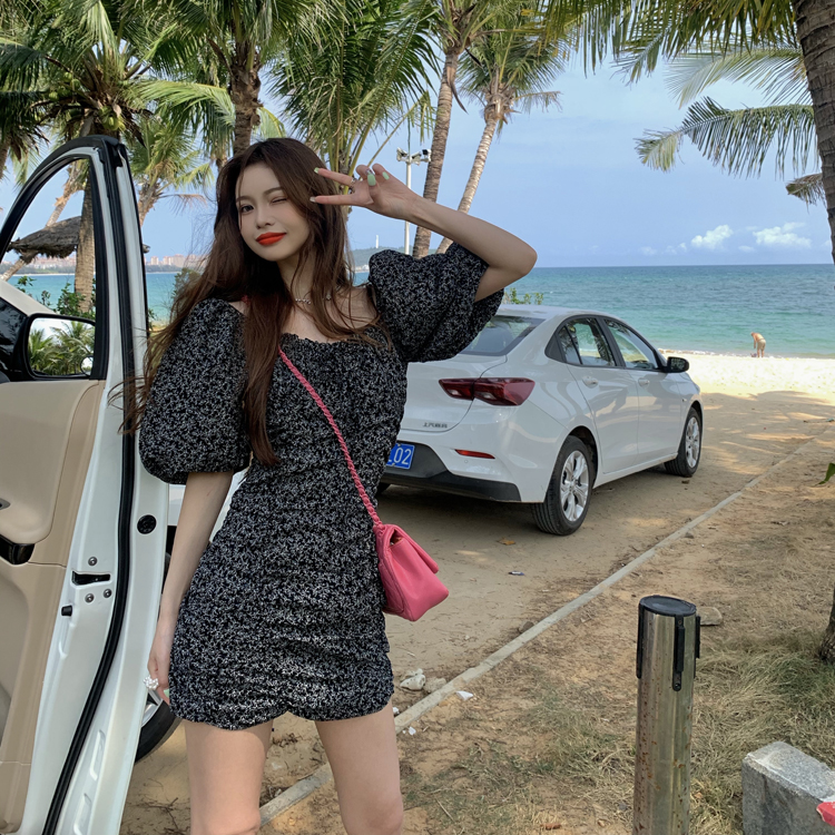 Real price ~ retro pure girl series bubble sleeve off shoulder short sleeve Floral Dress