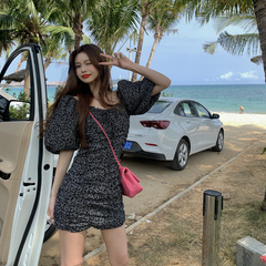 Real price ~ retro pure girl series bubble sleeve off shoulder short sleeve Floral Dress