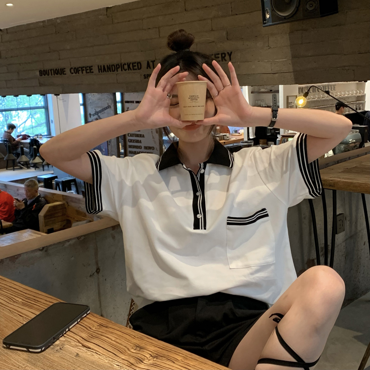 Real price ~ Korean summer loose and versatile simple design short sleeve polo collar top 2 colors