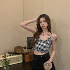 Real price ~ Korean version summer style Auricularia auricula edge thousand bird lattice broken flower dew navel strap Chiffon small sling