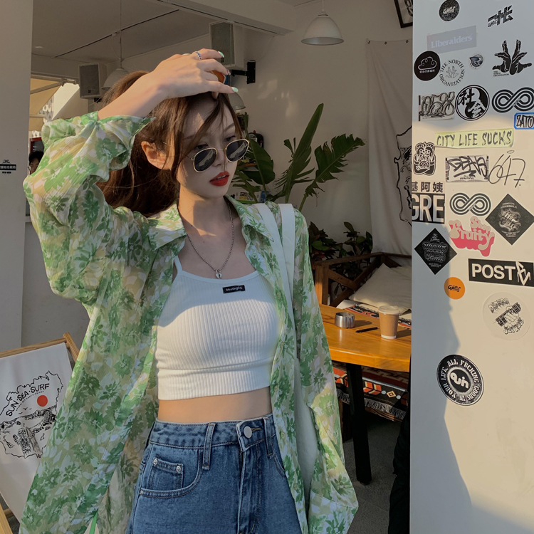 Real price ~ Korean version summer loose thin thin fresh pattern arrangement button long sleeve shirt