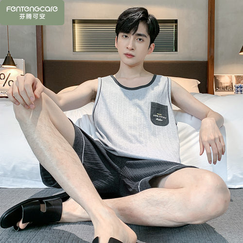 夏季纯棉背心短裤睡衣男士