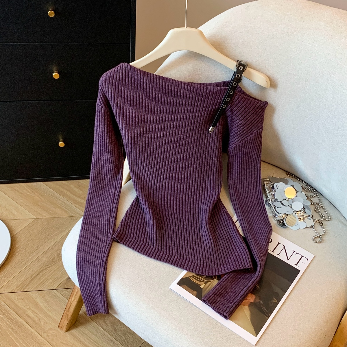 高级感气质斜肩长袖针织衫女