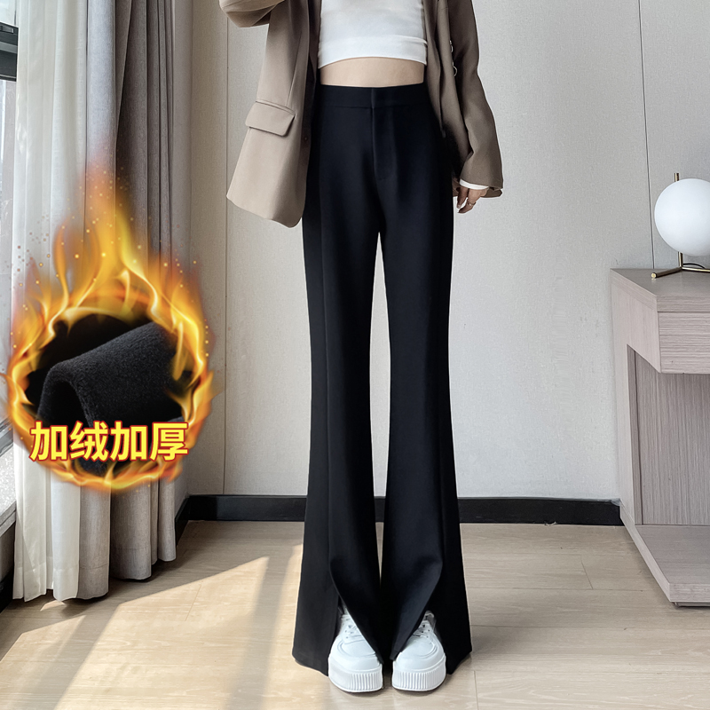 黑色加绒加厚开叉西装裤