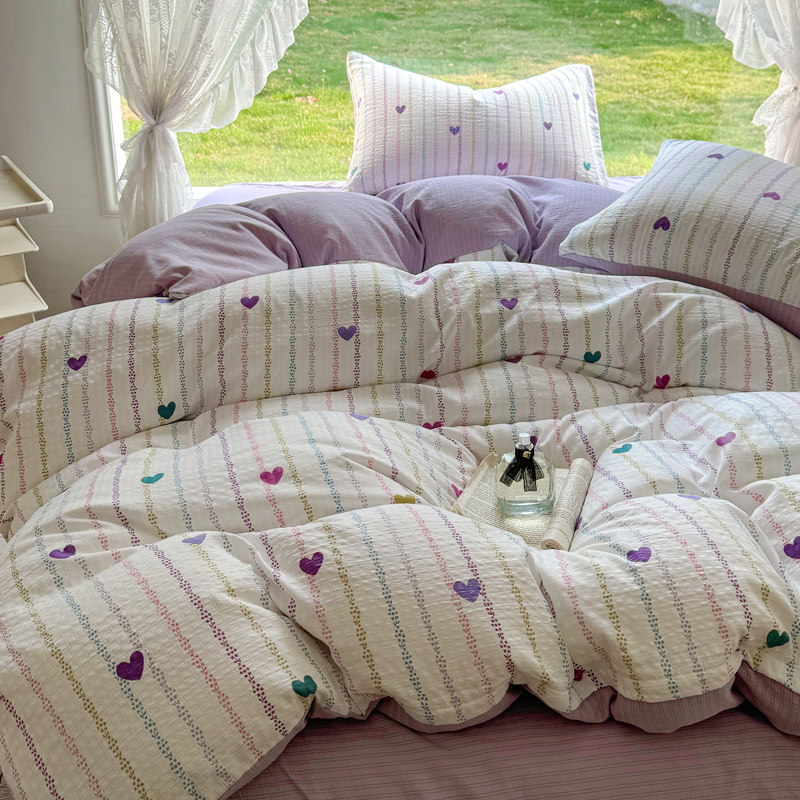 日系爱心条纹四件套床品套件单独被套床单床笠双层纱紫色床上用品,床上用品,床品套件/四件套/多件套,淘宝优惠券,粉丝福利购,淘宝优惠卷