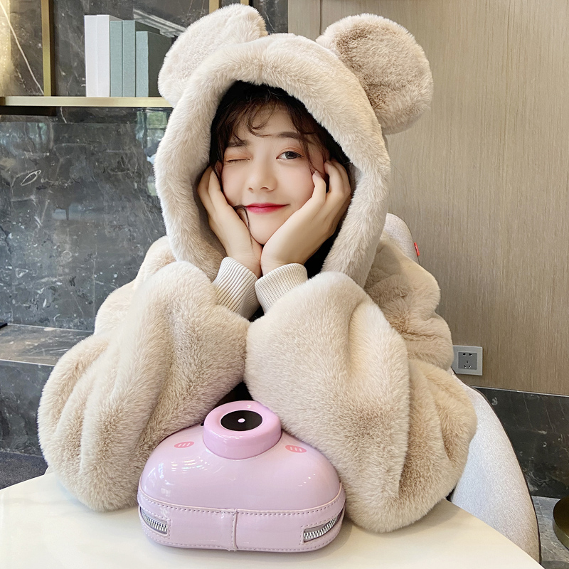 羊羔毛毛绒皮草外套女冬2025新款可爱小熊耳朵连帽海宁大衣獭兔毛