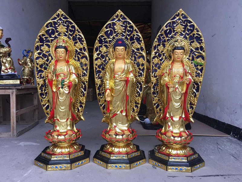 厂家直销佛像/树脂佛像/玻璃钢/贴金彩绘带背光西方三圣1米3高