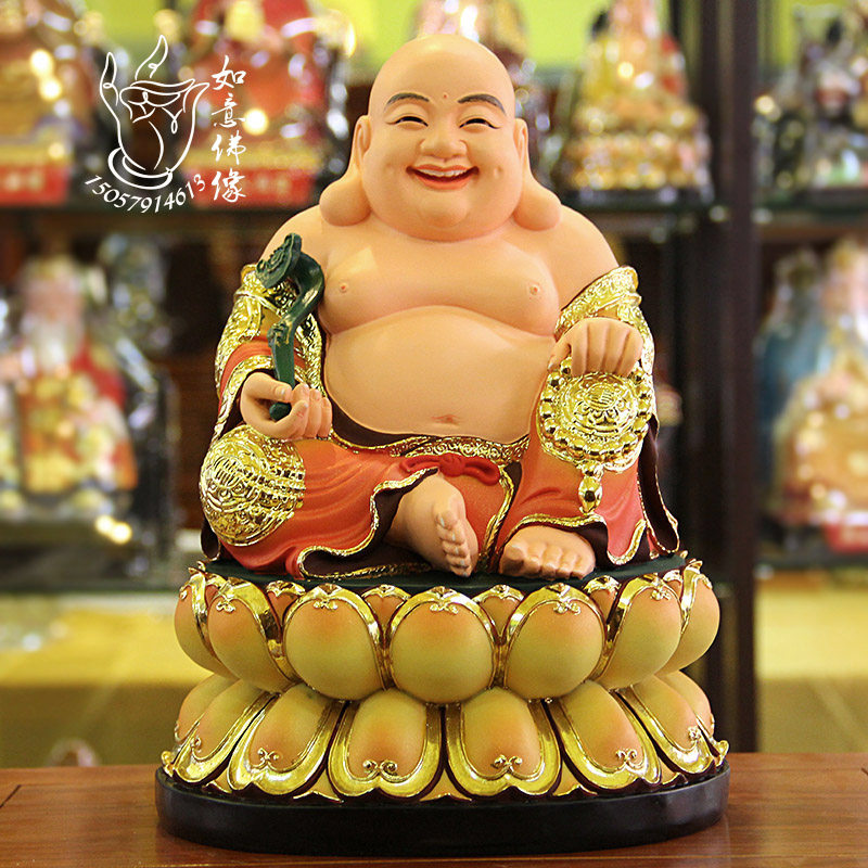 厂家直销寺庙树脂佛像玻璃钢鎏金彩绘弥勒佛12寸笑佛大肚弥勒佛_虎窝淘