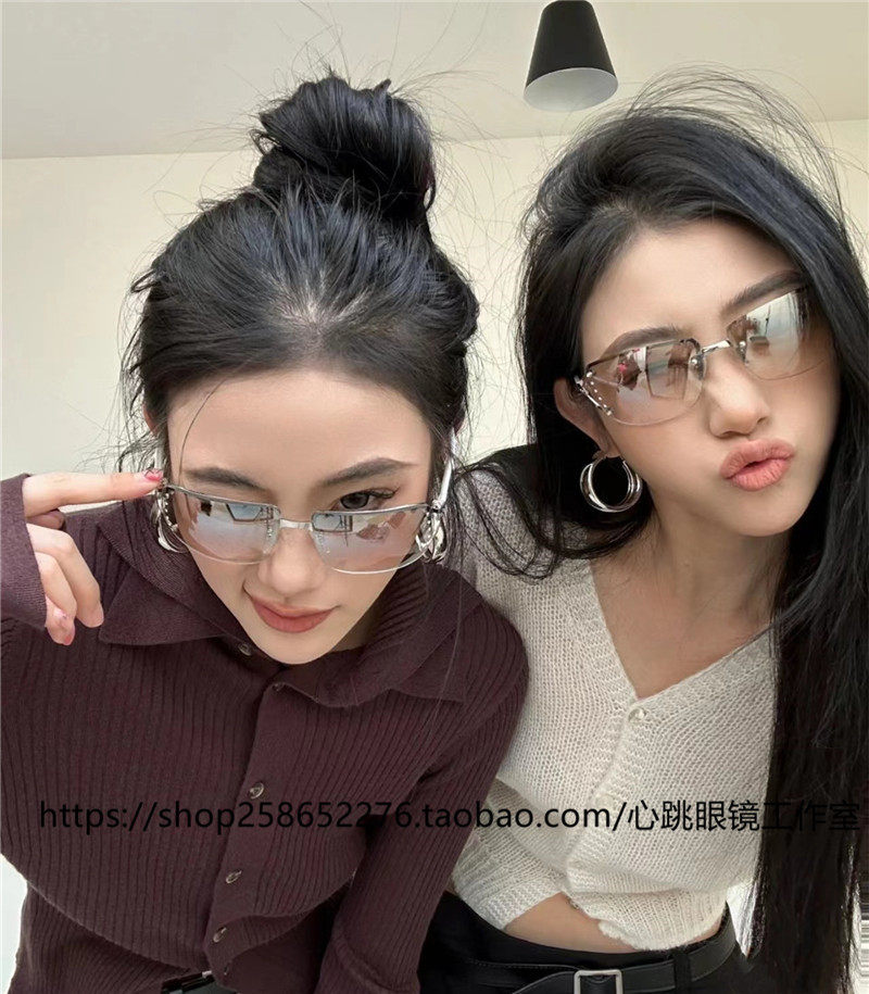个性欧美水银眼镜镶钻网红轻奢潮酷复古太阳镜y2k辣妹无框太阳镜