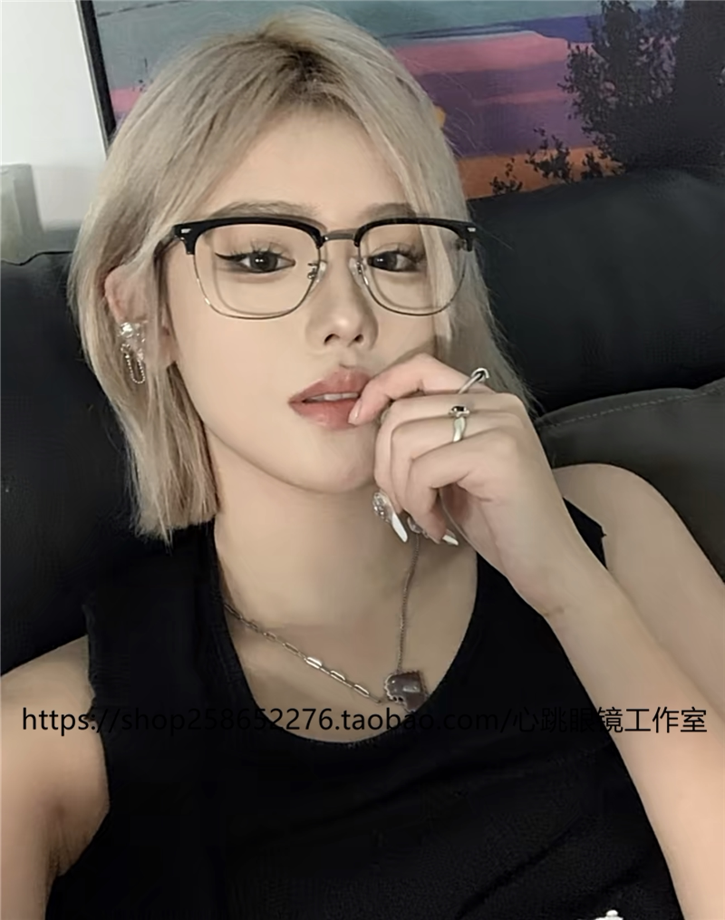 帅气网红方形金属眼镜框文艺细边米钉潮酷防蓝光平光镜配近视框架