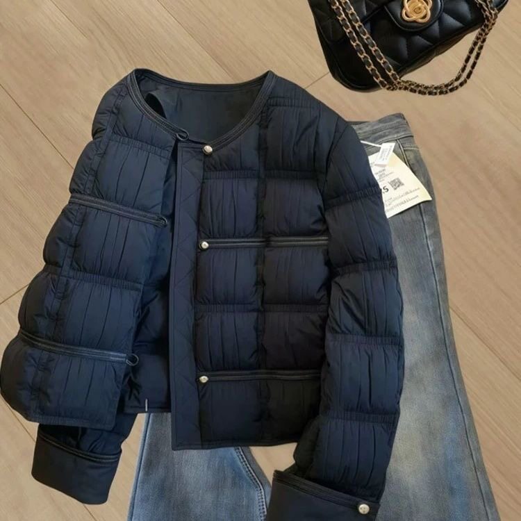高级感小香风轻薄圆领短款羽绒棉服女冬季大码气质加厚棉衣袄外套