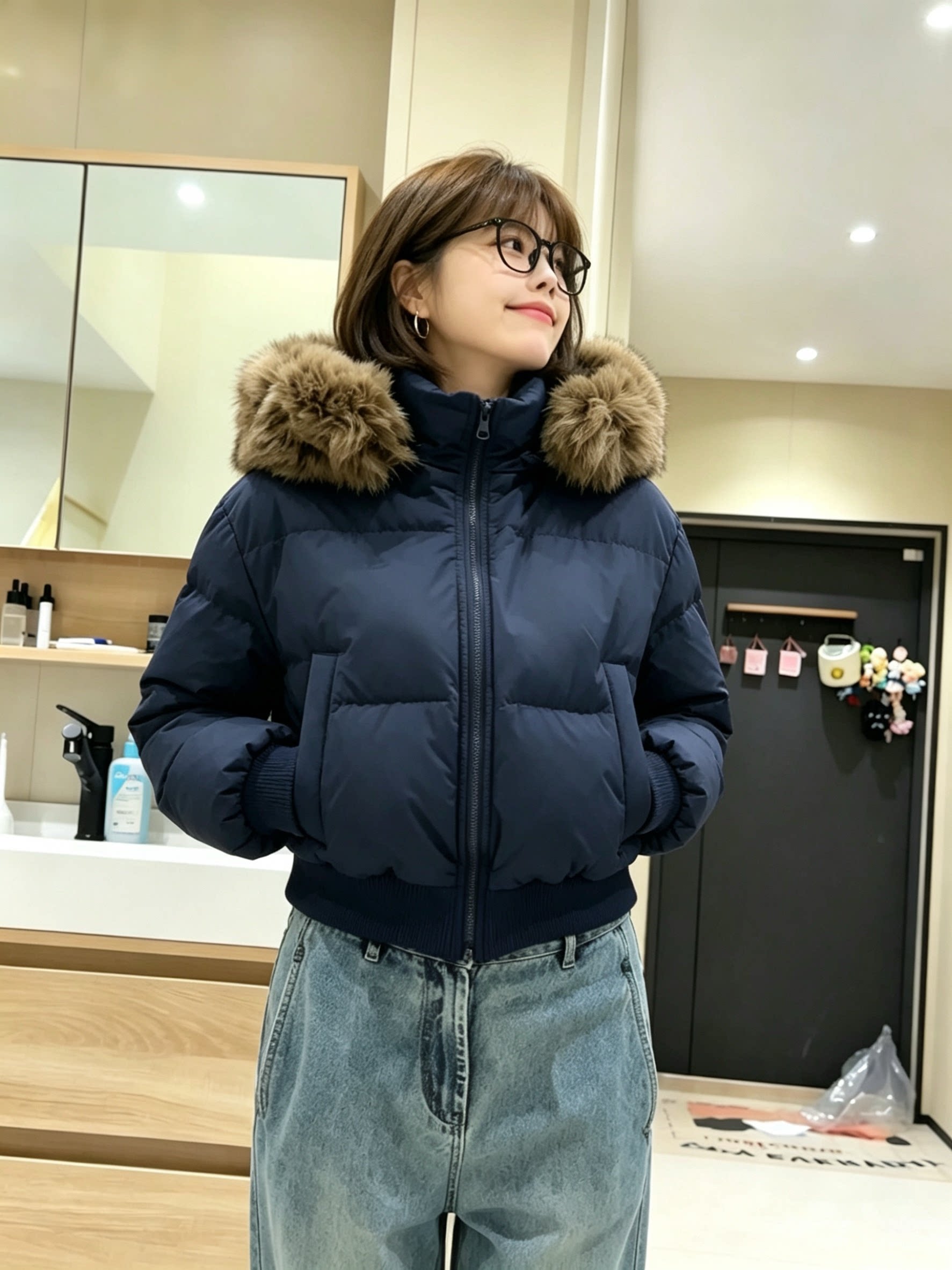 小个子短款藏青色棉服女冬季毛领连帽棉衣罗纹收下摆加厚保暖外套
