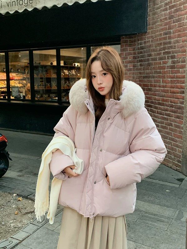 韩系毛领短款棉服冬季宽松加厚保暖面包服小个子小众棉衣连帽外套