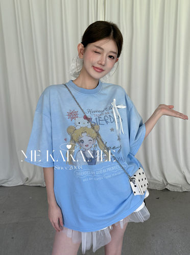 ME KAKAMEE夏重工美少女彩喷渐变宽松大版短袖T恤S5138
