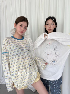 ME KAKAMEE春新品涂鸦趣味小狗KT牙边设计大版长袖T恤上衣