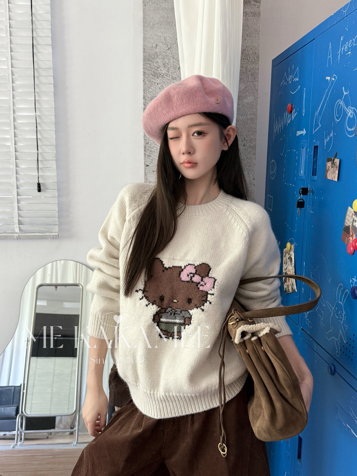 ME KAKAMEE秋新品复古黑皮KT提花插肩袖圆领宽松保暖毛衣A3770