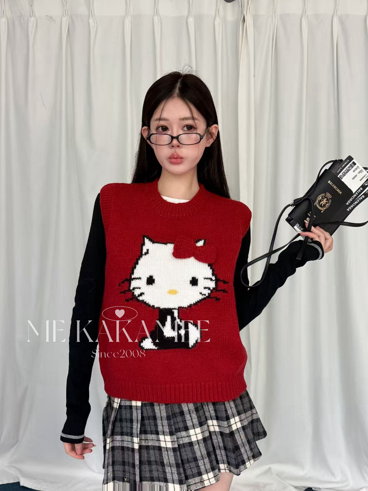 ME KAKAMEE秋新品韩系卡通KT猫提花叠穿宽松马甲毛衣女显瘦A3715