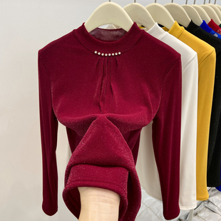 高档亮丝镶钻打底衫女秋冬新款加绒加厚修身显瘦网纱T恤洋气小衫