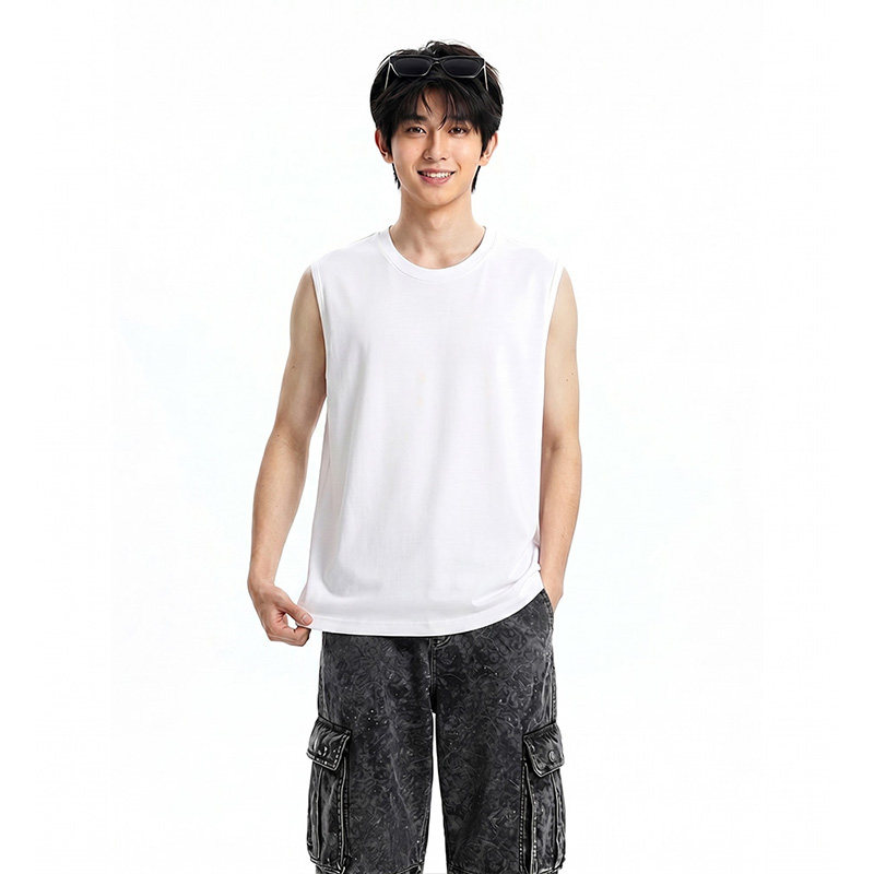 夏季重磅纯棉白色无袖t恤男背心宽松坎肩基础款圆领内搭打底上衣