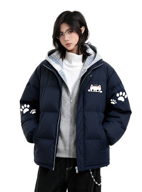 SNUN 美式猫咪猫爪保暖假两件开衫连帽棉服棉衣加厚冬季棉袄外套