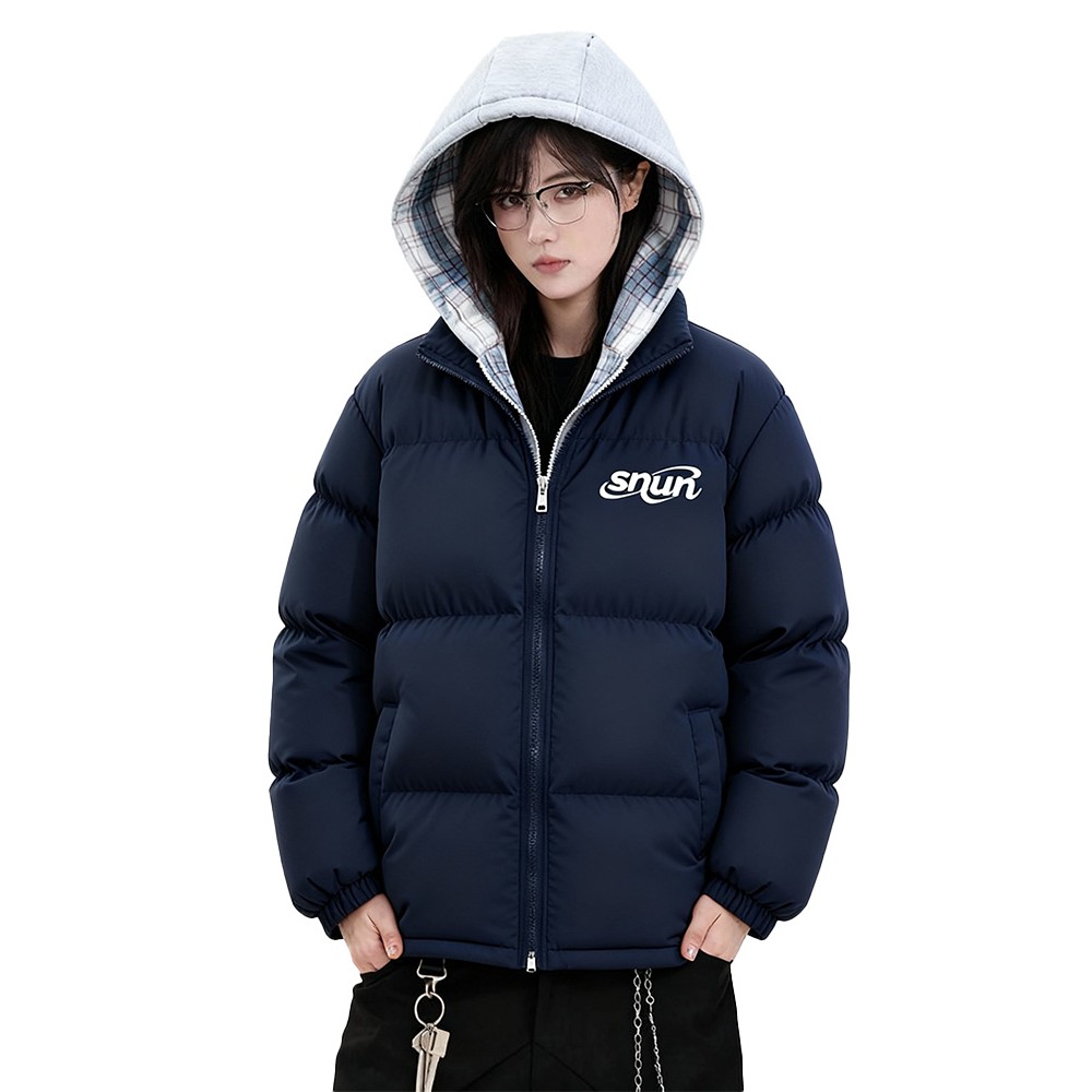 SNUN 美式书法字母保暖加厚开衫连帽假两件棉服棉衣拉链棉袄外套