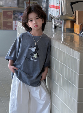 奶酪与喵男童T恤2026年春款灰蓝米奇印花宽松软糯亲肤百搭短袖潮